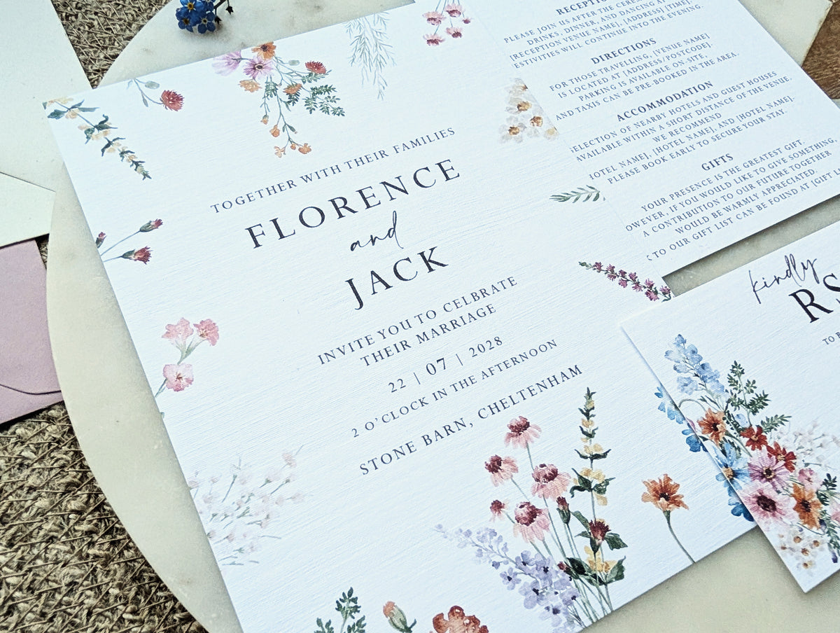 “Wildflower wedding invitation with botanical floral design”
“Floral wedding invitation suite with details and RSVP cards”
“Pastel botanical wedding stationery on linen textured card”
“Rustic floral wedding invitation with dusky pink envelope”
