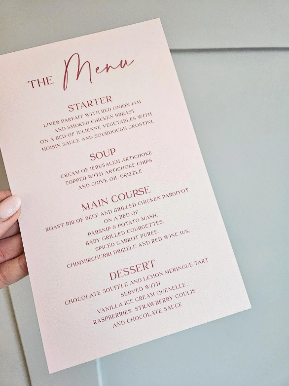 Blush pink wedding menu