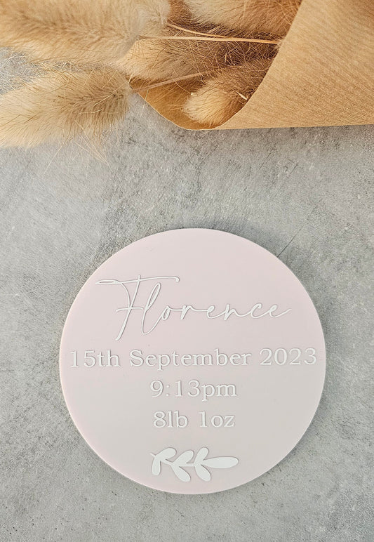Personalised baby name And birth stats announcement disc