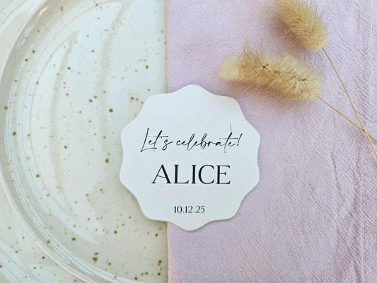 Wavy Let's Celebrate Wedding Table Place Names