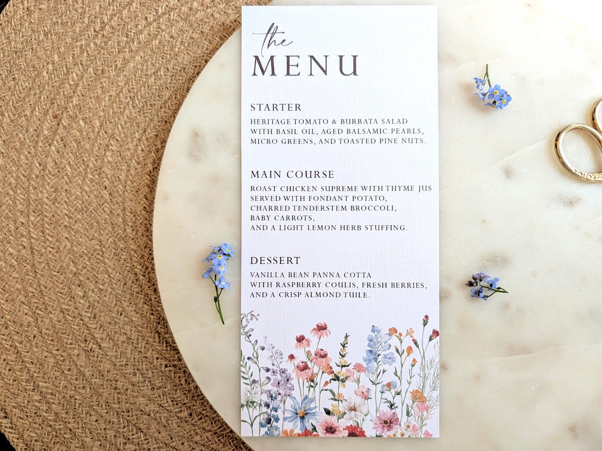 Wildflower Wedding Menu Cards | Floral Botanical Dinner Table Place Names