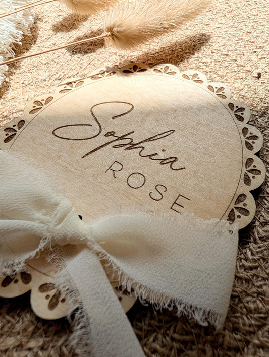 Personalised Lace Baby Name Disc | Wooden Birth Announcement Sign