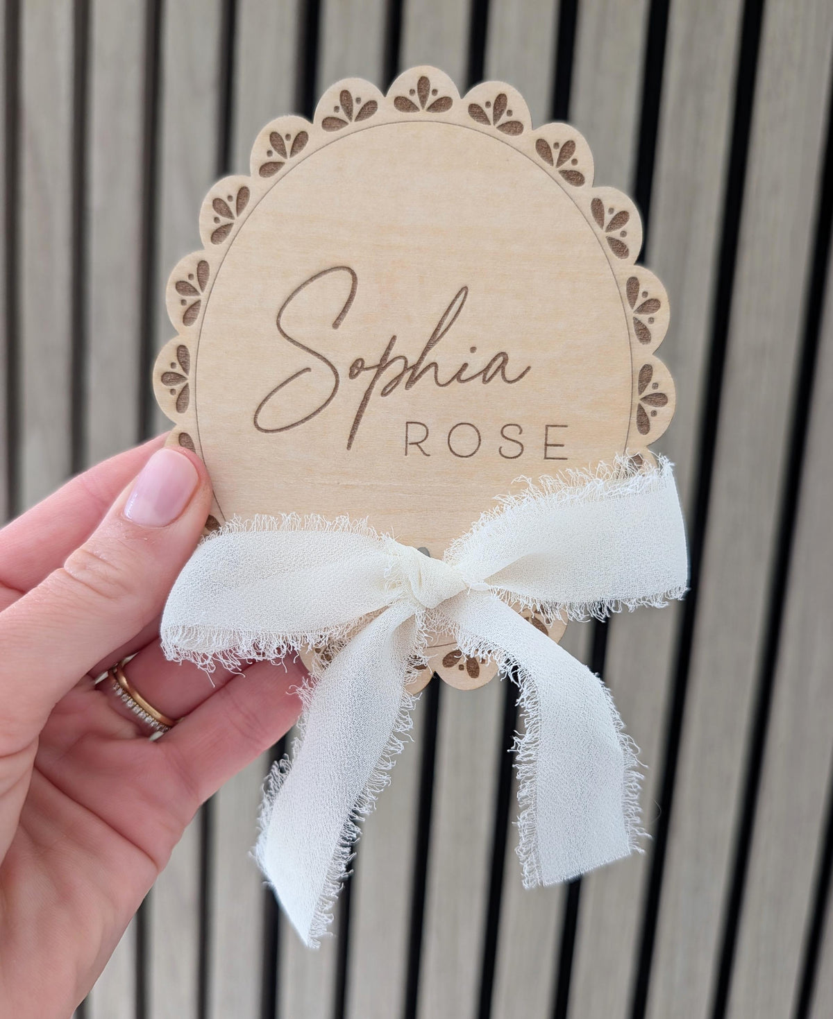 Personalised Lace Baby Name Disc | Wooden Birth Announcement Sign