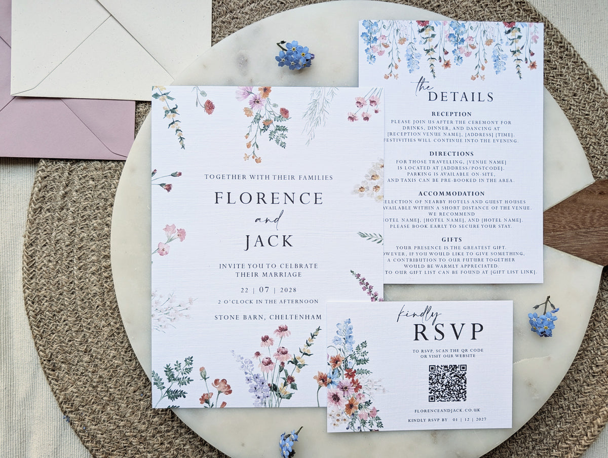 “Wildflower wedding invitation with botanical floral design”

“Floral wedding invitation suite with details and RSVP cards”

“Pastel botanical wedding stationery on linen textured card”

“Rustic floral wedding invitation with dusky pink envelope”