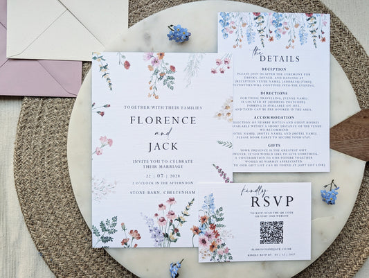 “Wildflower wedding invitation with botanical floral design”

“Floral wedding invitation suite with details and RSVP cards”

“Pastel botanical wedding stationery on linen textured card”

“Rustic floral wedding invitation with dusky pink envelope”