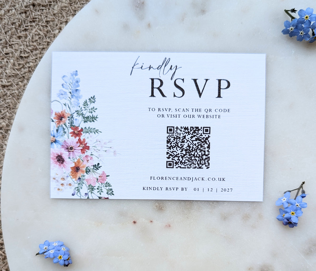 “Wildflower wedding invitation with botanical floral design”

“Floral wedding invitation suite with details and RSVP cards”

“Pastel botanical wedding stationery on linen textured card”

“Rustic floral wedding invitation with dusky pink envelope”