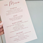 Blush pink wedding menu