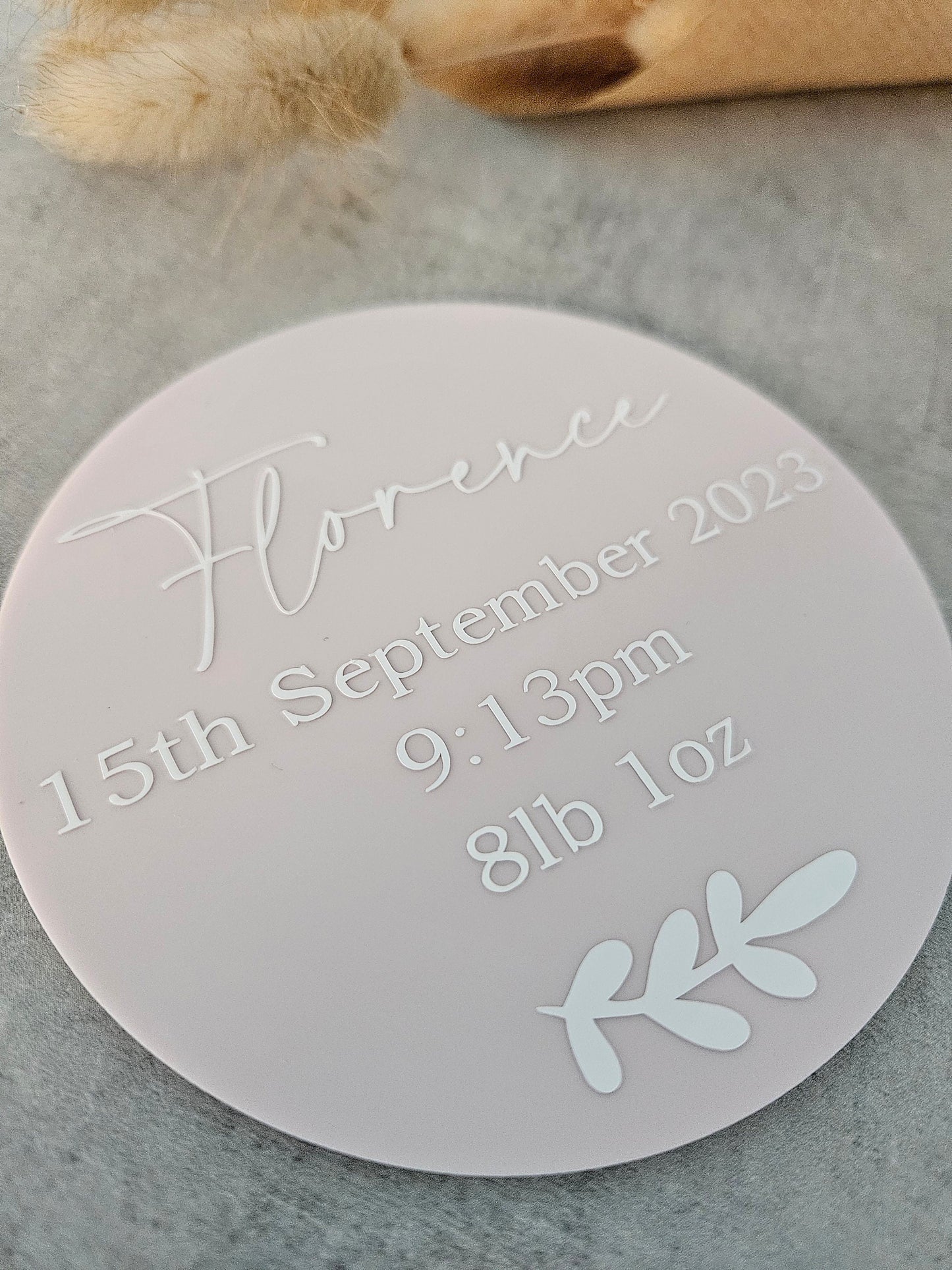 Personalised baby name And birth stats announcement disc
