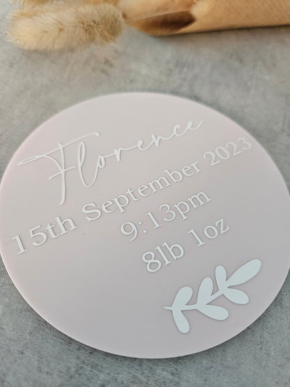 Personalised baby name And birth stats announcement disc