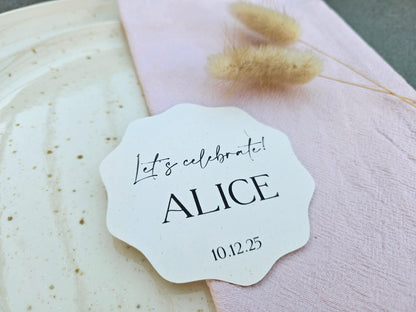 Wavy Let's Celebrate Wedding Table Place Names