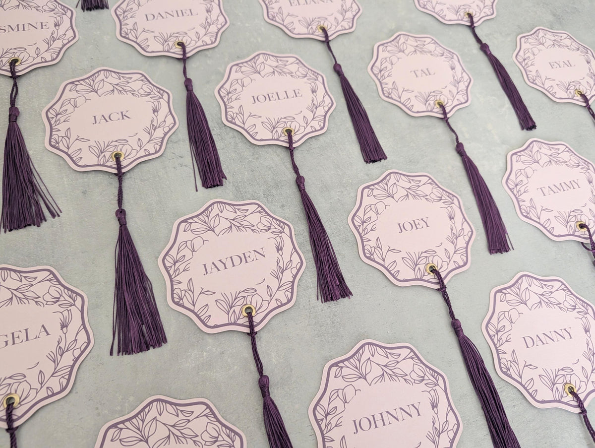 Floral Wedding Place Cards with Tassel | Blush & Plum