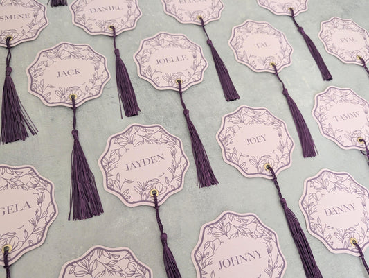 Floral Wedding Place Cards with Tassel | Blush & Plum