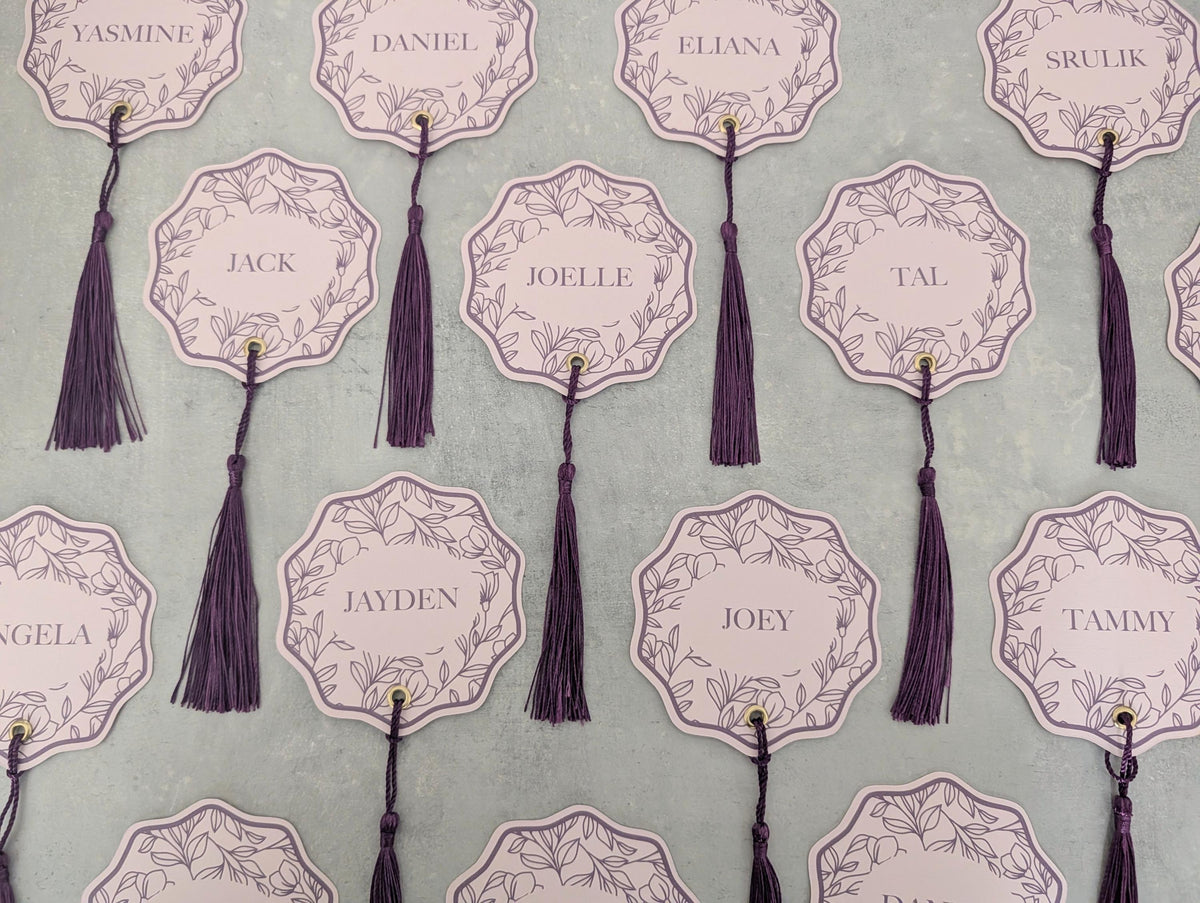 Floral Wedding Place Cards with Tassel | Blush & Plum