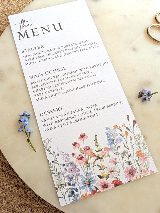 Wildflower Wedding Menu Cards | Floral Botanical Dinner Table Place Names