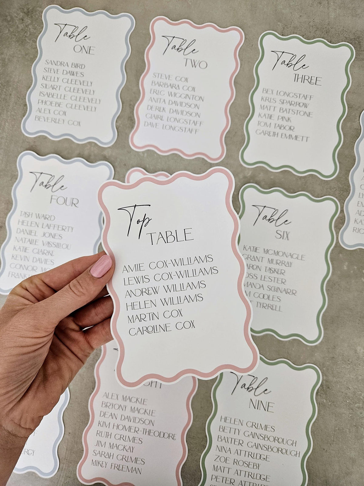 Wavy Pastel Wedding Seating Plan Cards | Table Sign Cards