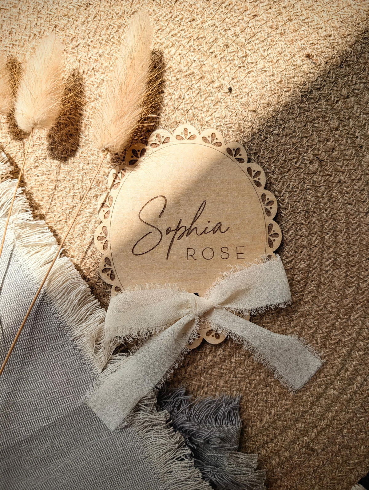 Personalised Lace Baby Name Disc | Wooden Birth Announcement Sign