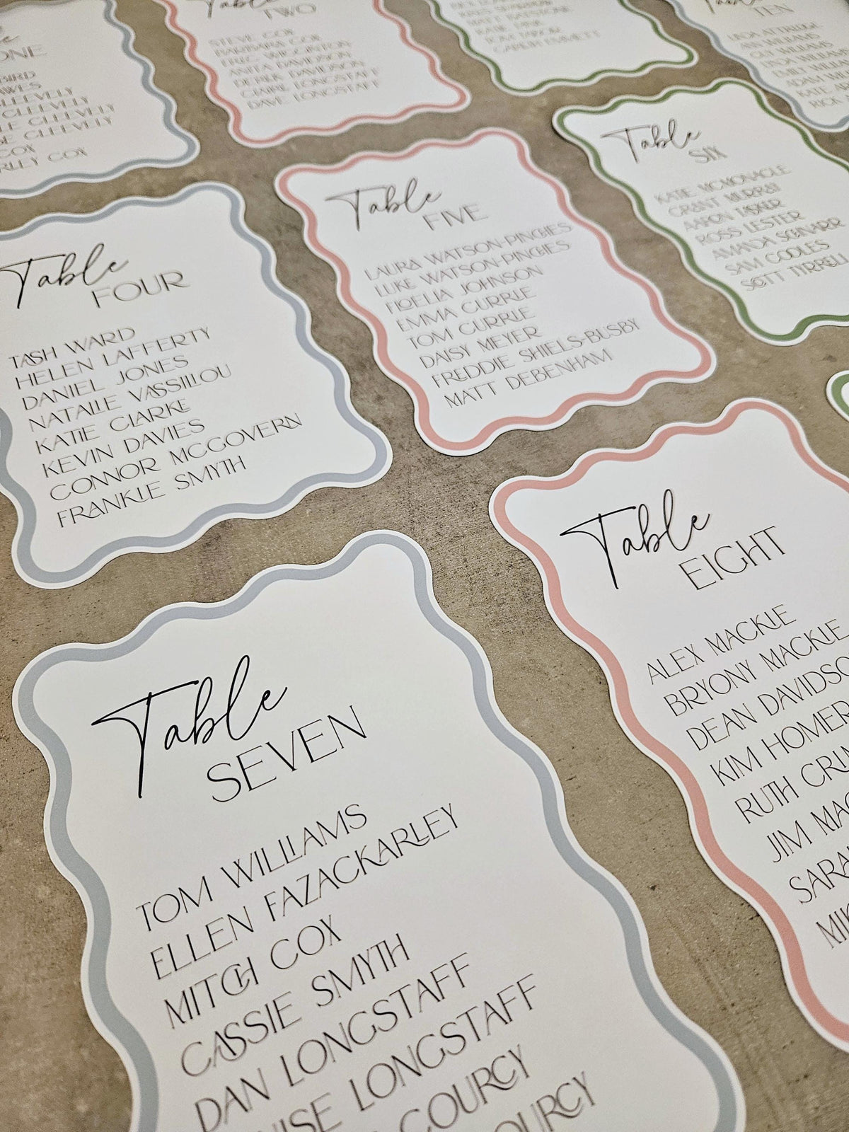 Wavy Pastel Wedding Seating Plan Cards | Table Sign Cards