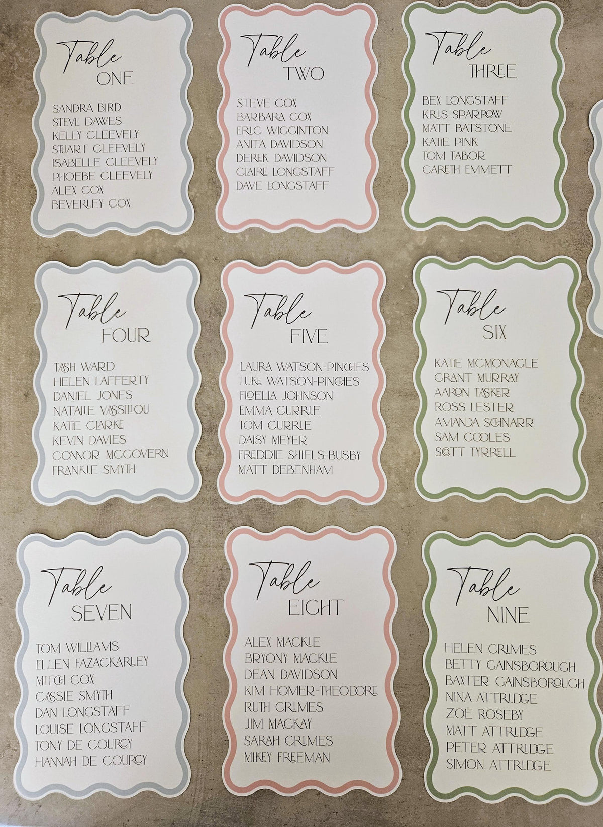 Wavy Pastel Wedding Seating Plan Cards | Table Sign Cards