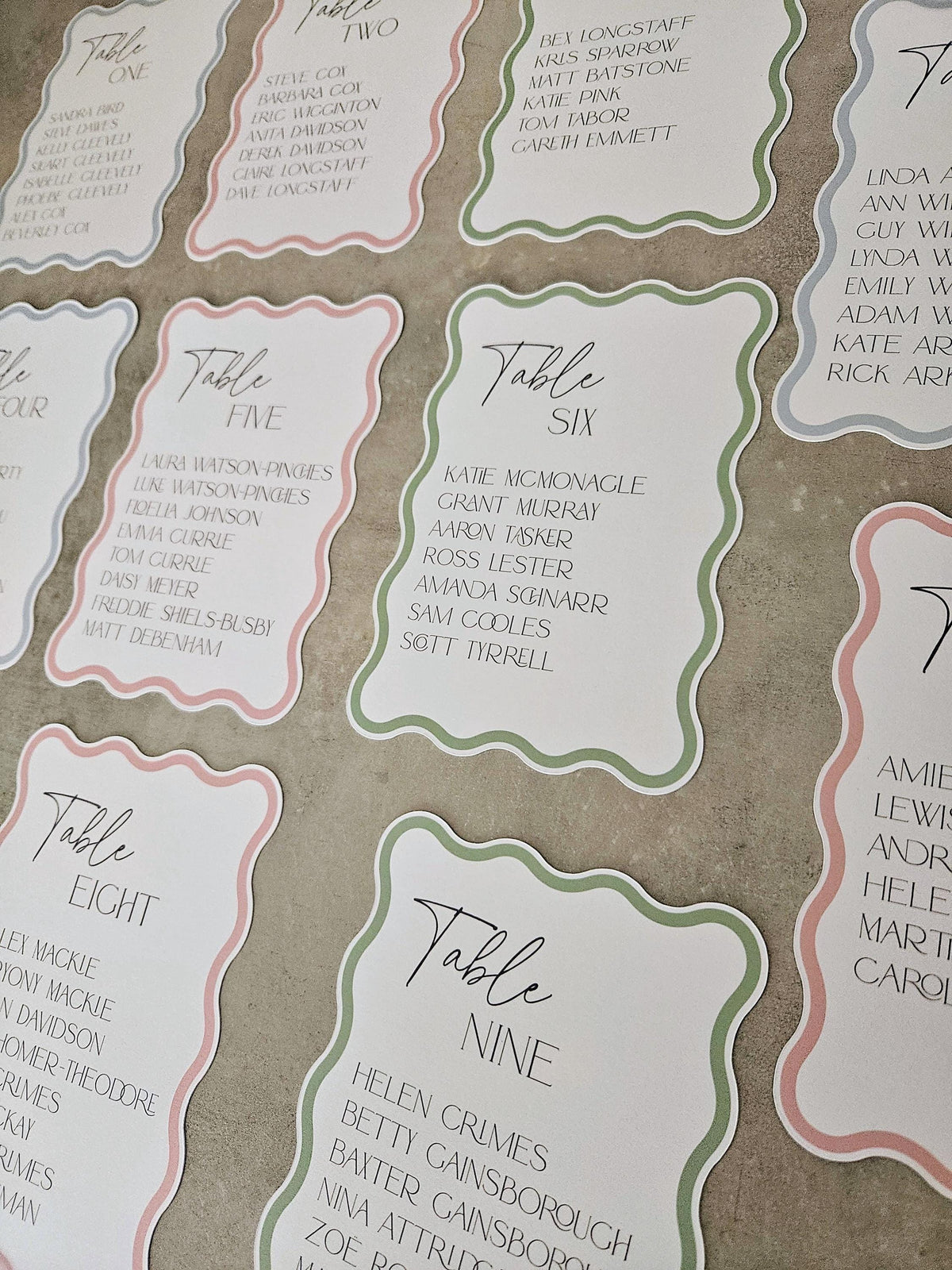Wavy Pastel Wedding Seating Plan Cards | Table Sign Cards