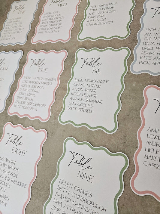 Wavy Pastel Wedding Seating Plan Cards | Table Sign Cards
