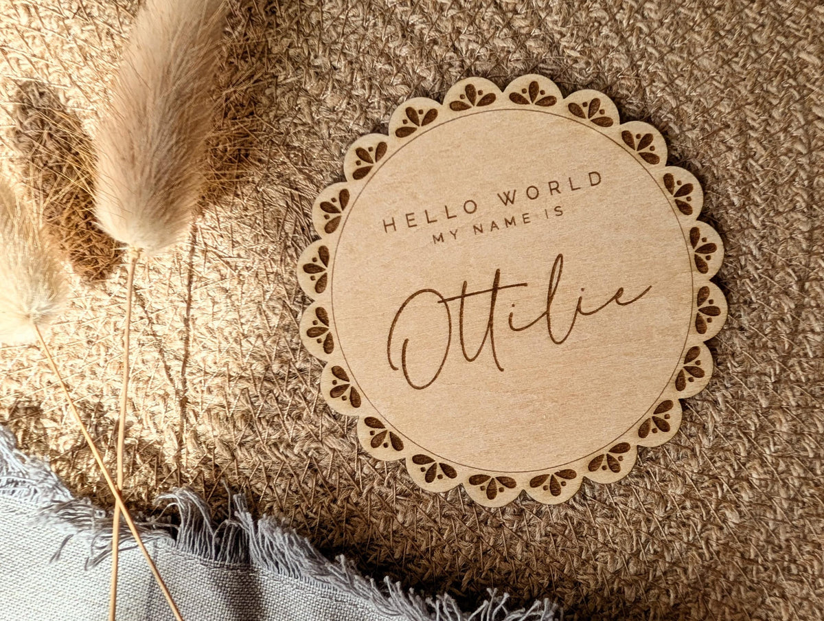 Personalised Baby Name Announcement Plaque | Laser Engraved Disc
