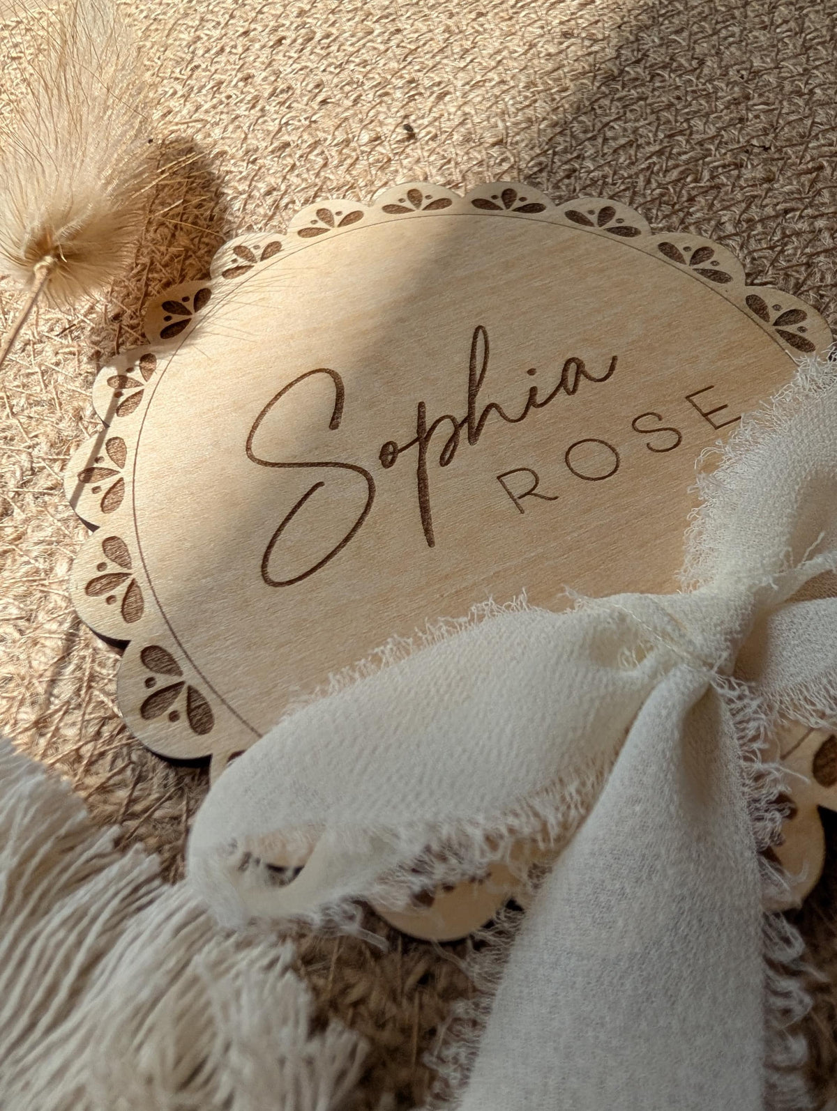 Personalised Lace Baby Name Disc | Wooden Birth Announcement Sign