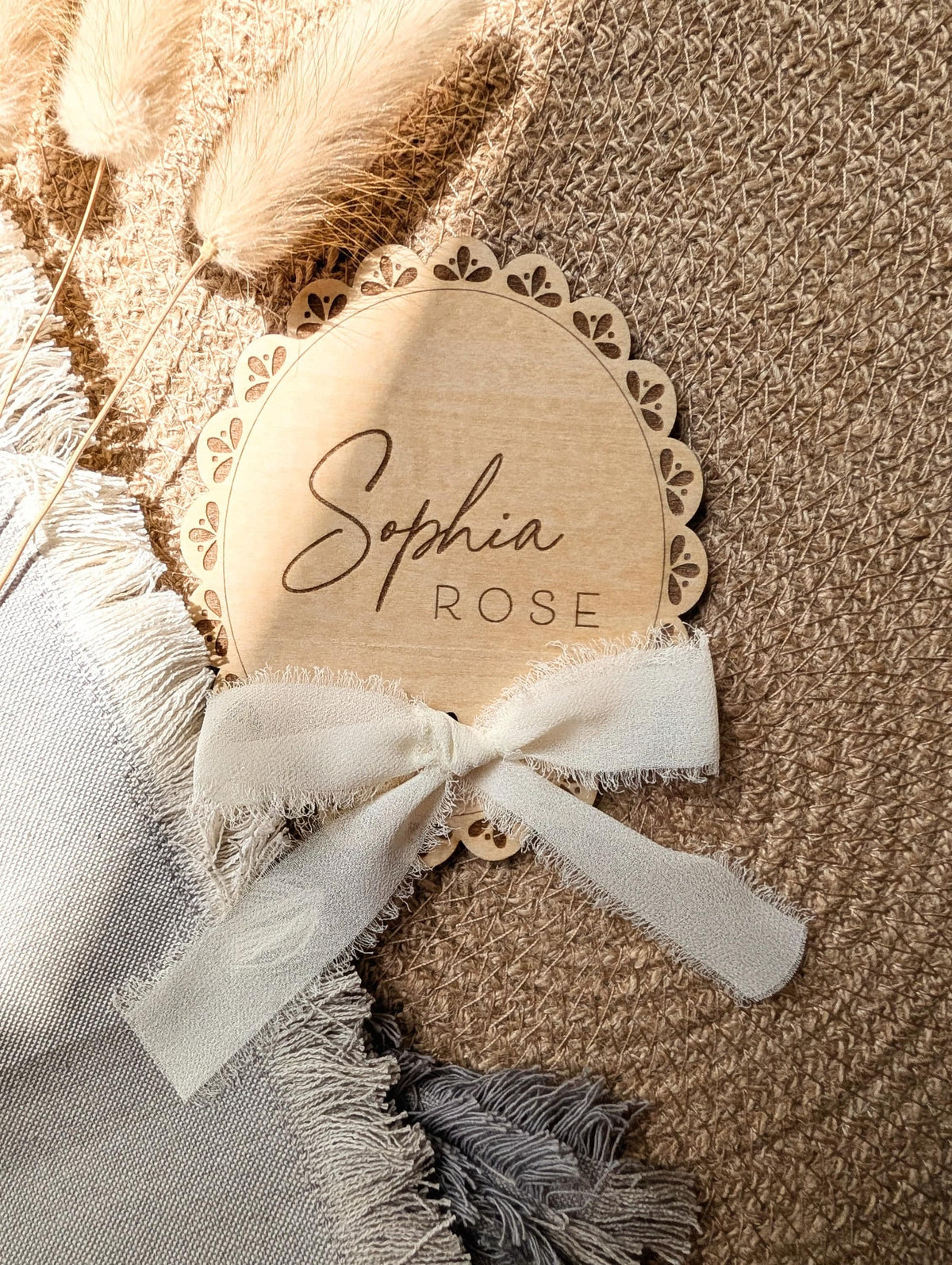 Personalised Lace Baby Name Disc | Wooden Birth Announcement Sign