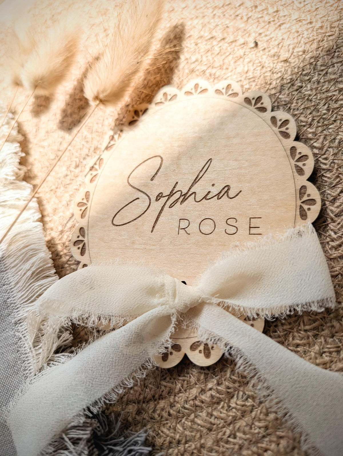 Personalised Lace Baby Name Disc | Wooden Birth Announcement Sign