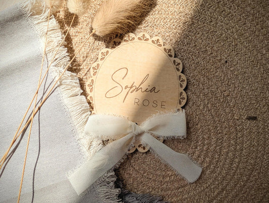 Personalised Lace Baby Name Disc | Wooden Birth Announcement Sign