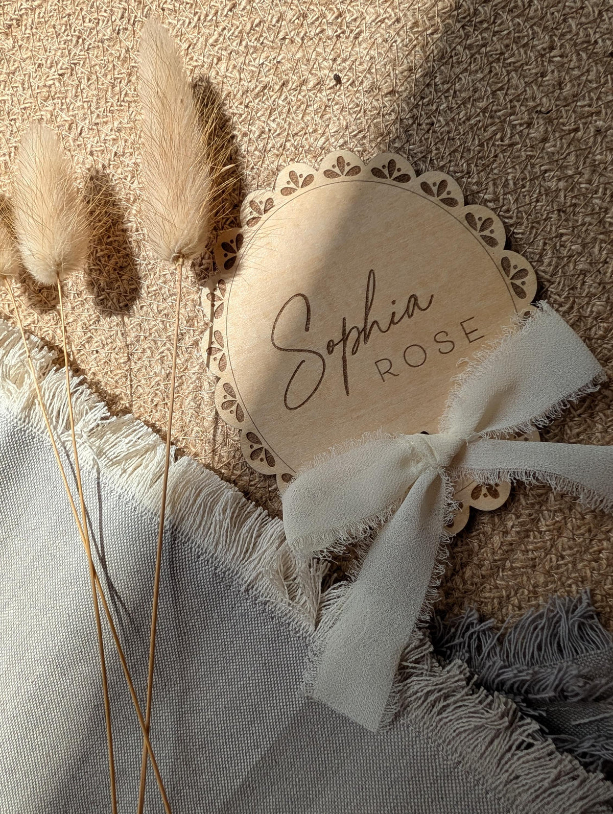 Personalised Lace Baby Name Disc | Wooden Birth Announcement Sign