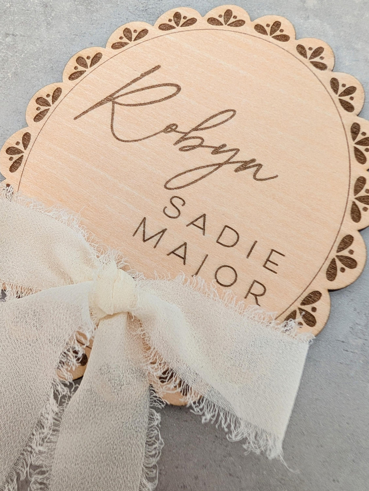 Personalised Lace Baby Name Disc | Wooden Birth Announcement Sign