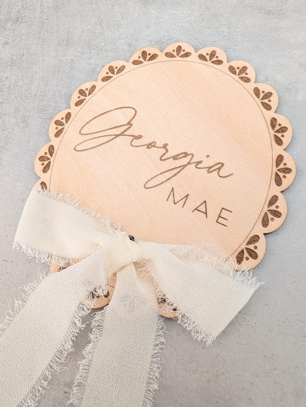 Personalised Lace Baby Name Disc | Wooden Birth Announcement Sign
