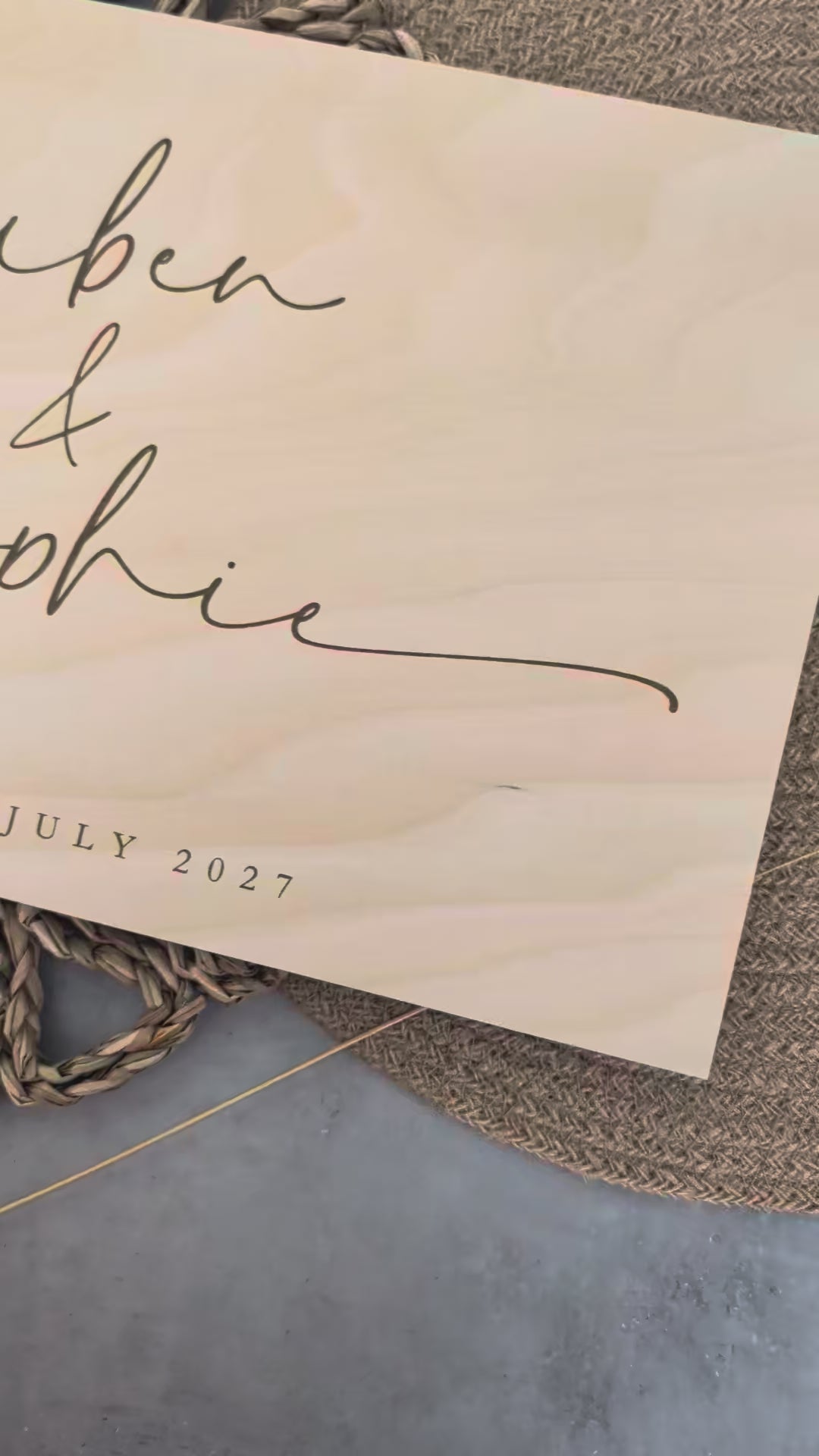 “Personalised wooden wedding guest book engraved with surname and date”

“Engraved basswood guest book with spiral binding”

“Rustic wooden wedding guest book on woven mat”